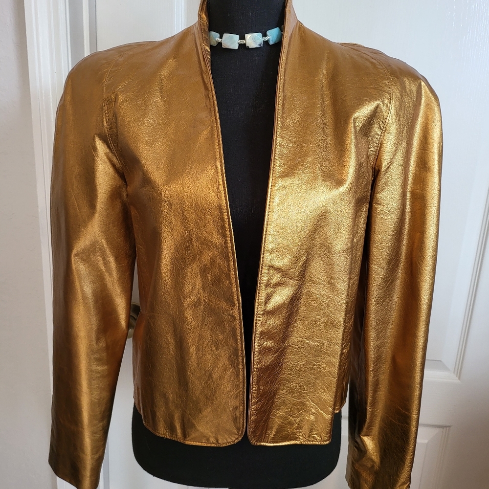 Vintage Vakko Rare Metallic Gold Leather Jacket Gem